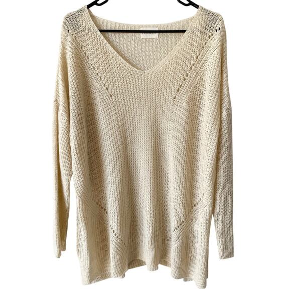DREAMERS Open Knit Oversized Sweater Beige M/L V Neck Long Sleeve Lightweight - Picture 1 of 5